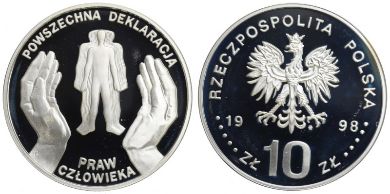 III RP, 10 złotych 1998 Powszechna Deklaracja Praw Człowieka Drobne skazy. Patyn...