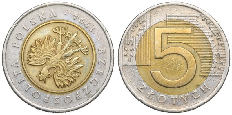 III RP, 5 złotych 1994 - destrukt odwrotka 215 stopni Obiegowy egzemplarz.

Gr...