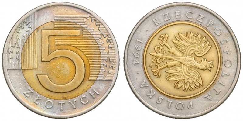 III RP, 5 złotych 1994 - destrukt skrętka 95 stopni Obiegowy egzemplarz. 
Grade...