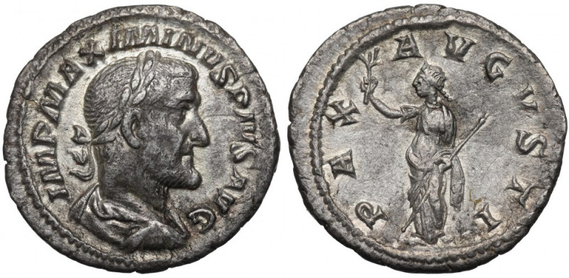 Roman Empire, Maximinus Trax, Denarius Bardzo ładny egzemplarz. Awers: popiersie...