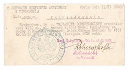 II RP, Zaświadczenie do medalu za wojnę 1918-1921 - artyleria Toruń