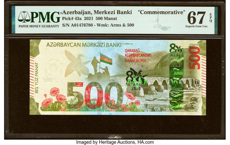 Azerbaijan Merkezi Banki 500 Manat 2021 Pick 43a Commemorative PMG Superb Gem Un...