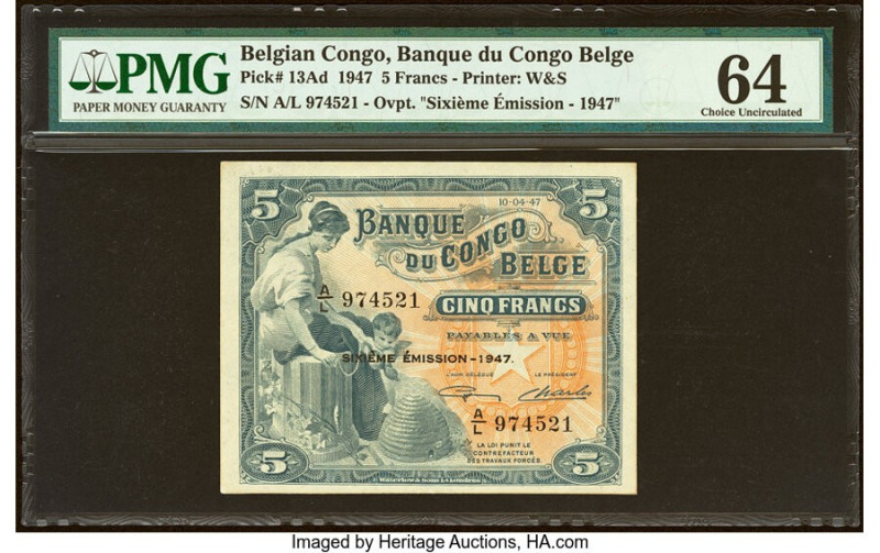 Belgian Congo Banque du Congo Belge 5 Francs 10.4.1947 Pick 13Ad PMG Choice Unci...