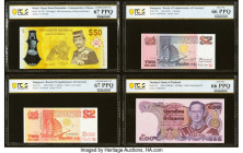Brunei, Singapore & Thailand Group Lot of 7 Examples. Brunei Negara Brunei Darussalam 50 Ringgit 2017 Pick 39 Commemorative PCGS Banknote Superb Gem U...