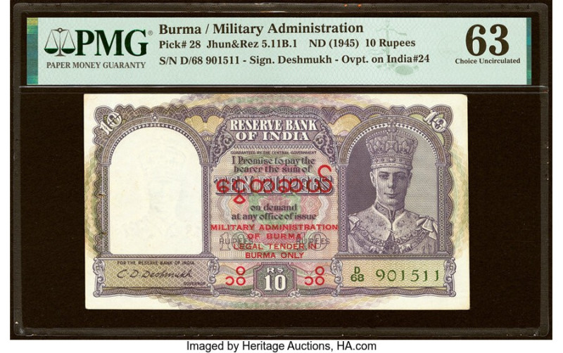 Burma Military Administration 10 Rupees ND (1945) Pick 28 Jhun5.11B.1 PMG Choice...