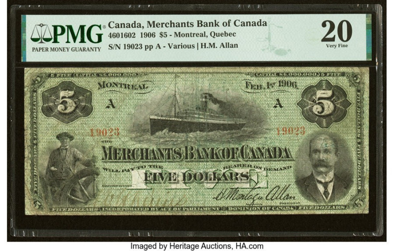 Canada Montreal, PQ- Merchants Bank of Canada $5 1.2.1906 Ch.# 460-16-02 PMG Ver...
