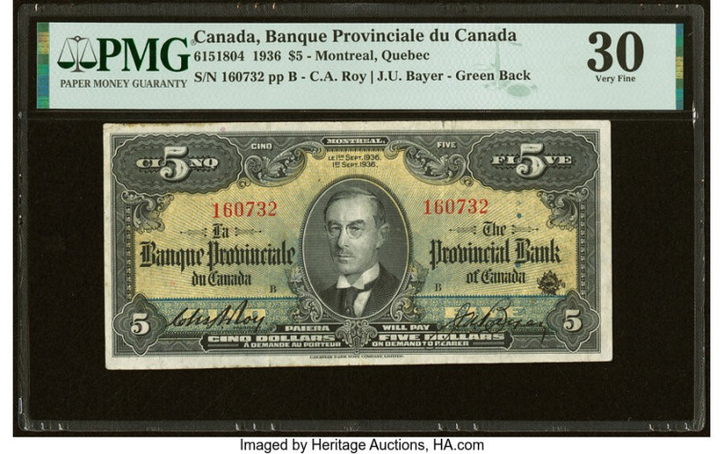 Canada Montreal, PQ- Banque Provinciale du Canada $5 1.9.1936 Ch.# 615-18-04 PMG...