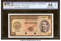 Cape Verde Banco Nacional Ultramarino 100 Escudos ND (1958) Pick 49cts Color Trial Specimen PCGS Gold Shield Choice UNC 64 OPQ. Cancelled with 2 punch...
