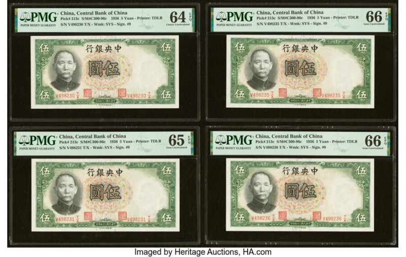China Central Bank of China 5 Yuan 1936 Pick 213c S/M#C300-96c Four Examples PMG...
