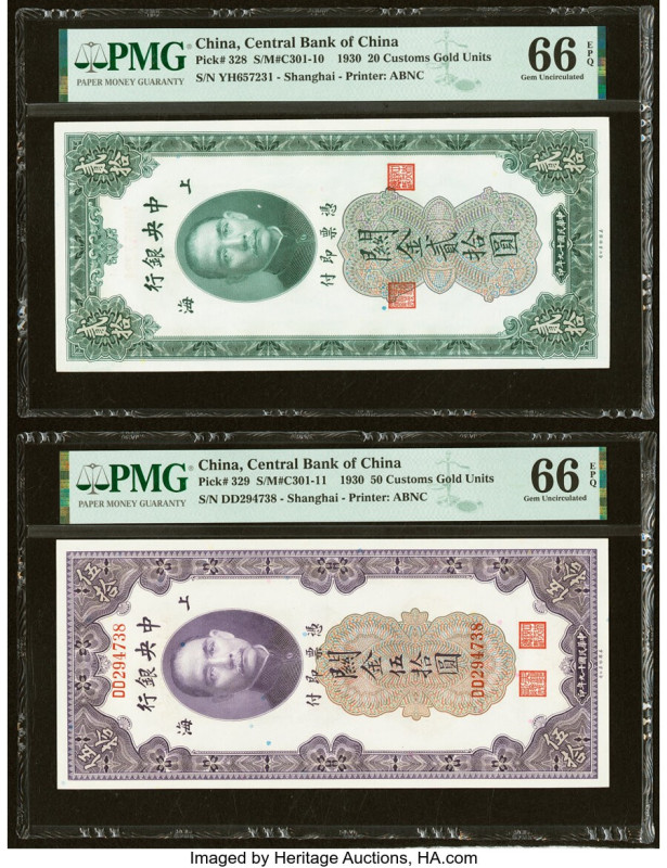 China Central Bank of China 20; 50 Customs Gold Units 1930 Pick 328; 329 Two Exa...