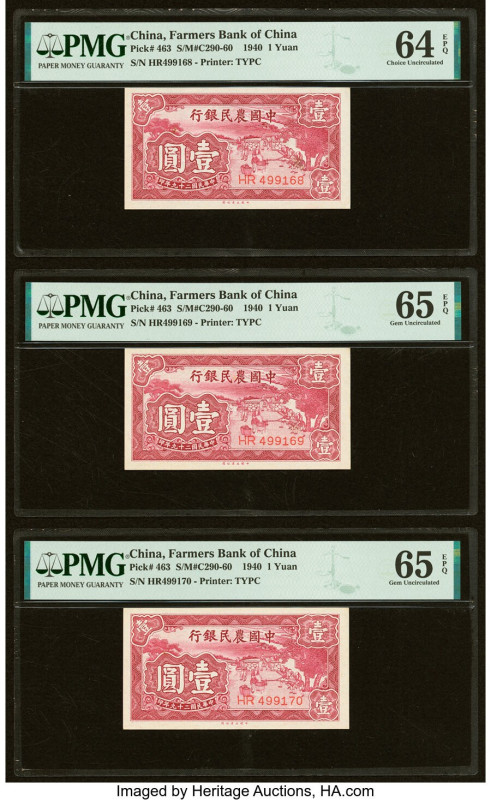 China Farmers Bank of China 1 Yuan 1940 Pick 463 S/M#C290-60 Three Consecutive E...