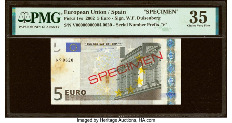 European Union Central Bank, Spain 5 Euro 2002 Pick 1vs Specimen PMG Choice Very...