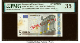 European Union Central Bank, Spain 5 Euro 2002 Pick 1vs Specimen PMG Choice Very Fine 35. Previously mounted. 

HID09801242017

© 2022 Heritage Auctio...