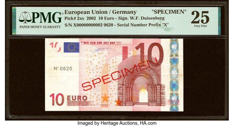 European Union Central Bank, Germany 10 Euro 2002 Pick 2xs Specimen PMG Very Fin...