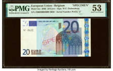European Union Central Bank, Belgium 20 Euro 2002 Pick 3zs Specimen PMG About Uncirculated 53. Previous mounting is noted. 

HID09801242017

© 2022 He...