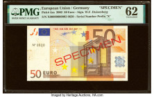 European Union Central Bank, Germany 50 Euro 2002 Pick 4xs Specimen PMG Uncirculated 62. Previous mounting is noted on this example. 

HID09801242017
...