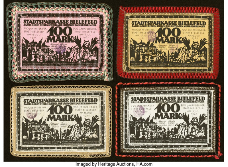 Germany, Bielefeld Notgeld 100 Mark 15.6.1921 Pick UNL Four Cloth Examples. All ...