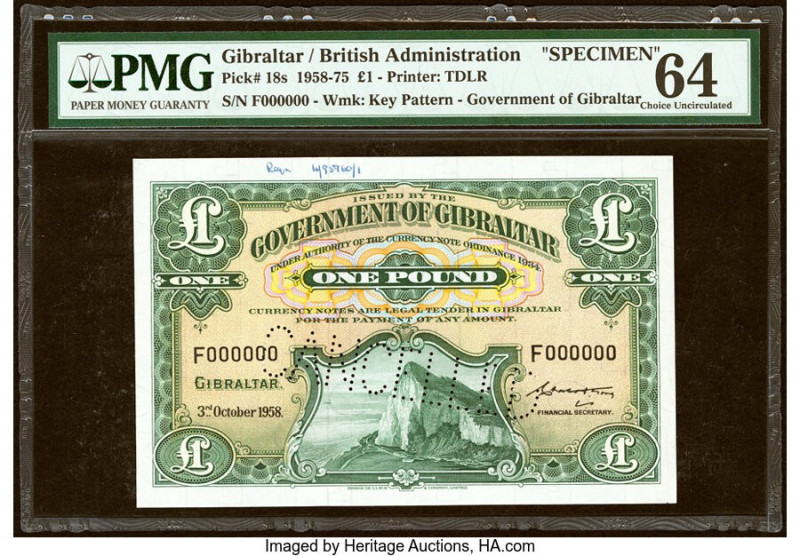 Gibraltar Government of Gibraltar 1 Pound 3.10.1958 Pick 18s Specimen PMG Choice...