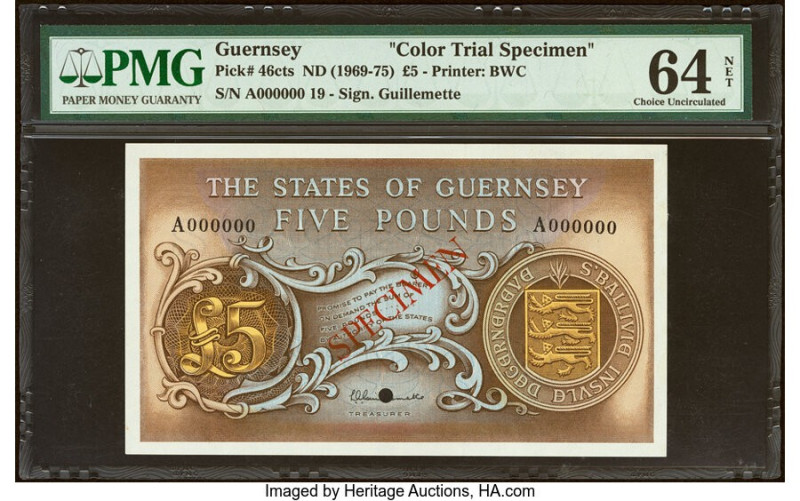 Guernsey States of Guernsey 5 Pounds ND (1969-75) Pick 46cts Color Trial Specime...