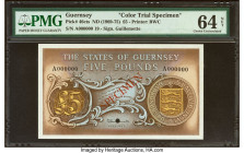 Guernsey States of Guernsey 5 Pounds ND (1969-75) Pick 46cts Color Trial Specimen PMG Choice Uncirculated 64 Net. Cancelled with 1 punch hole and prev...
