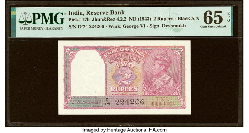 India Reserve Bank of India 2 Rupees ND (1943) Pick 17b Jhun4.2.2 PMG Gem Uncirc...