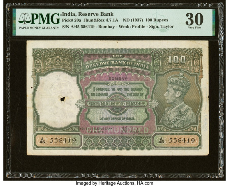 India Reserve Bank of India 100 Rupees ND (1937) Pick 20a Jhun4.7.1A PMG Very Fi...