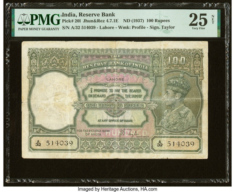 India Reserve Bank of India 100 Rupees ND (1937) Pick 20l Jhun4.7.1E PMG Very Fi...