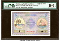 Maldives Maldivian State Government 5 Rufiyaa 1947-60 / AH1367-79 Pick 4s Specimen PMG Gem Uncirculated 66 EPQ. Cancelled with 2 punch holes. 

HID098...