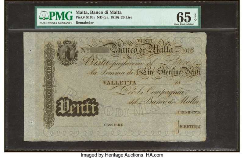 Malta Banco di Malta 20 Lire ND (ca. 1810) Pick S163r Remainder PMG Gem Uncircul...