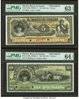 Mexico Banco de Sonora 5; 10 Pesos 1.7.1902; 2.1.1911 Pick S419s; S420s Two Specimen PMG Choice Uncirculated 63 EPQ; Choice Uncirculated 64 EPQ. Two P...