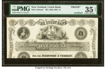 New Zealand Union Bank of Australia 1 Pound ND (1883-1901) Pick UNL Proof PMG Choice Very Fine 35 Net. Printer's annotations and previous mounting not...
