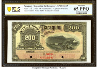 Paraguay Republica del Paraguay 200 Pesos 26.12.1907 Pick 123s Specimen PCGS Banknote Gem UNC 65 PPQ. Cancelled with 2 punch holes. 

HID09801242017

...
