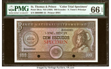 Saint Thomas and Prince Banco Nacional Ultramarino 100 Escudos ND (1958) Pick 38cts Color Trial Specimen PMG Gem Uncirculated 66 EPQ. Cancelled with 2...