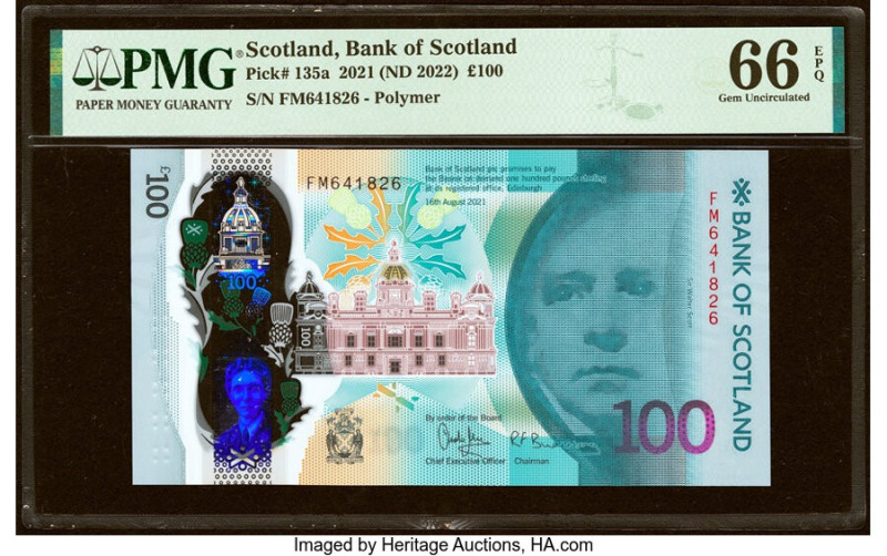 Scotland Bank of Scotland 100 Pounds 16.8.2021 (ND 2022) Pick 135a PMG Gem Uncir...