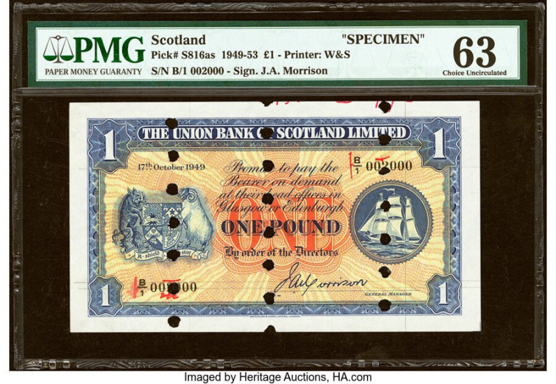 Scotland Union Bank of Scotland Ltd. 1 Pound 17.10.1949 Pick S816as Specimen PMG...