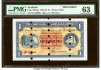 Scotland Union Bank of Scotland Ltd. 1 Pound 17.10.1949 Pick S816as Specimen PMG Choice Uncirculated 63. Printer's annotations, previously mounted and...