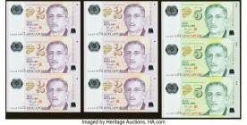 Singapore Board of Commissioners of Currency 2 Dollars ND (1999) Pick 38 TAN#P-1a Two Uncut Sheets of Three Crisp Uncirculated (2); Singapore Board of...