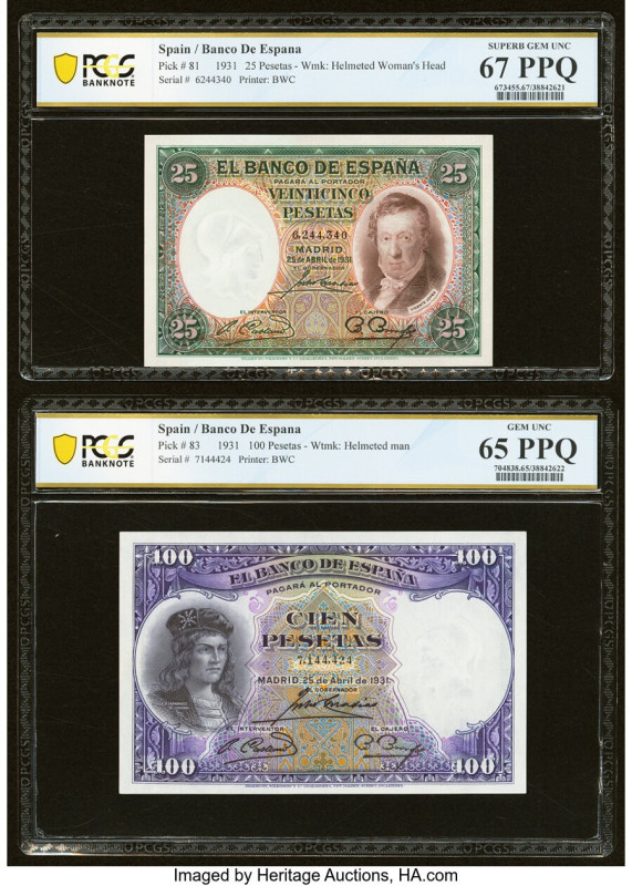 Spain Banco de Espana 25; 100 Pesetas 25.4.1931 Pick 81; 83 Two Examples PCGS Ba...