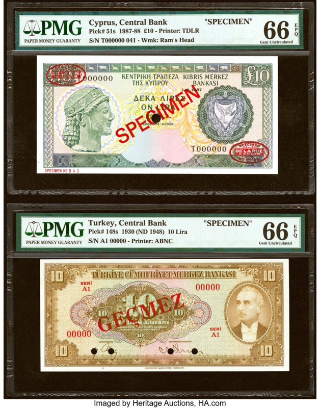 Cyprus Central Bank of Cyprus 10 Pounds 1.4.1987 Pick 51s Specimen PMG Gem Uncir...