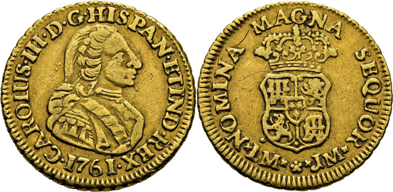 CARLOS III. Lima. 1 escudo. 1761. JM. Cy12208. 3´33 g. Leves rayitas, dos más in...