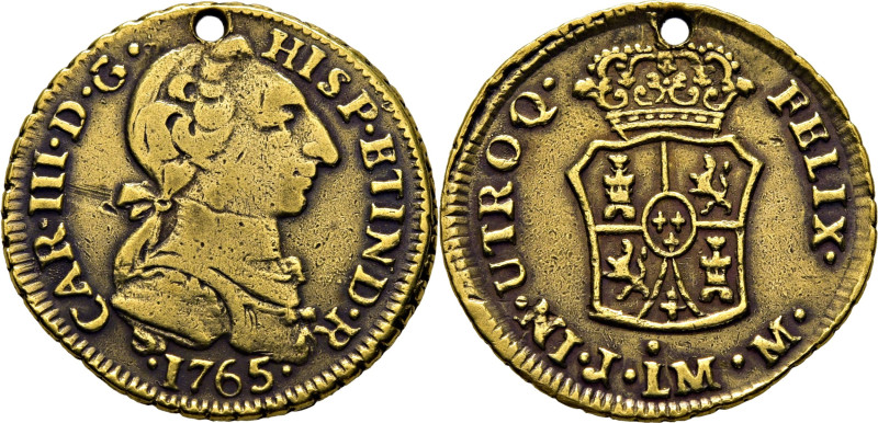CARLOS III. Lima. 1 escudo. 1765. JM. Cy12229. 3´32 g. Agujero. Marquitas. Erosi...