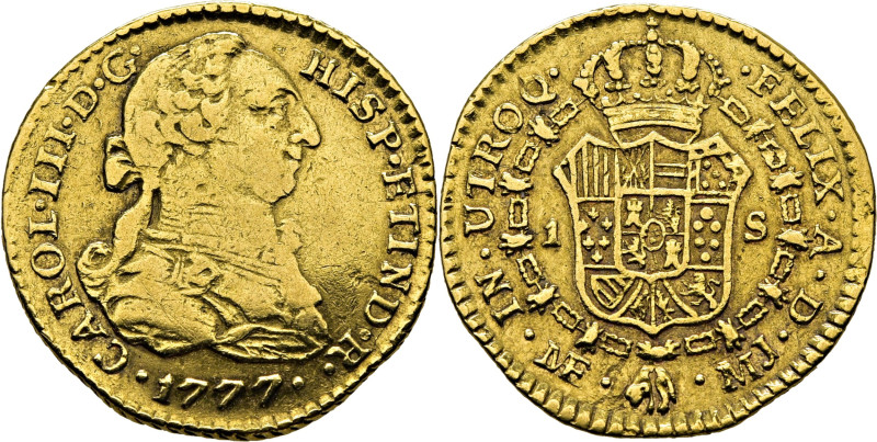 CARLOS III. Lima. 1 escudo. 1777. MJ. Cy12282. 3´34 g. Abundantes marquitas, sob...