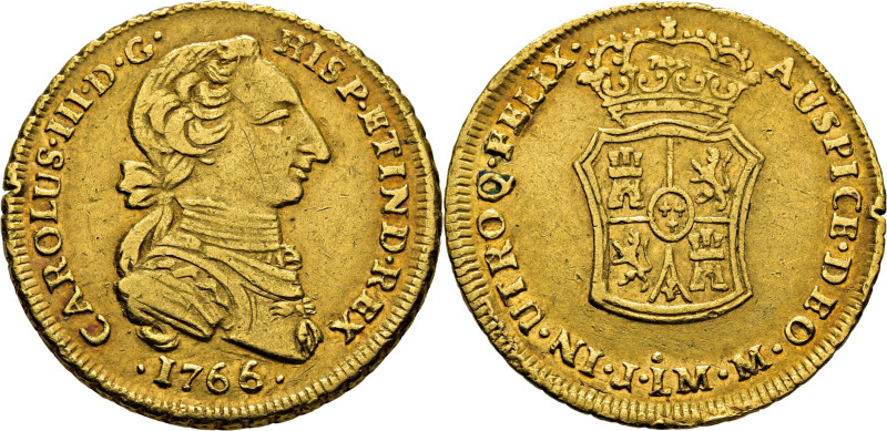 CARLOS III. Lima. 2 escudos. 1766 sobre 5. JM. Cy no cita esta rectificación de ...