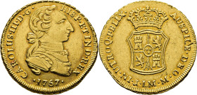 Lima. 2 escudos. 1767 rectificado sobre 7. JM. Rarísima