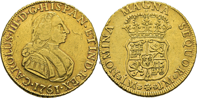 CARLOS III. Lima. 4 escudos. 1761. JM. Cy12576. 13´34 g. Fallito de laminado en ...