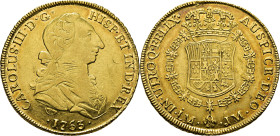 Lima. 8 escudos. 1763. JM. Buen ejemplar. Rara