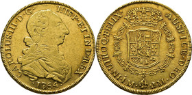 Lima. 8 escudos. 1764. JM. EBC-. Buen ejemplar. Rara