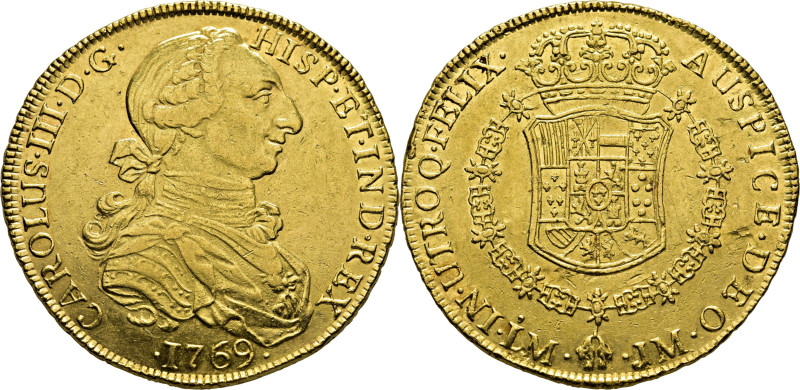 CARLOS III. Lima. 8 escudos. 1769 rectificado sobre otro 9. JM. Cy12801. 26´90 g...