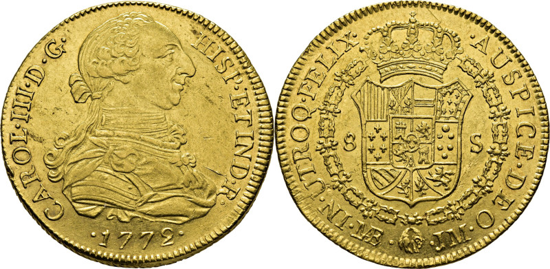 CARLOS III. Lima. 8 escudos. 1772. JM. Marca de ensayador a la derecha del Toisó...