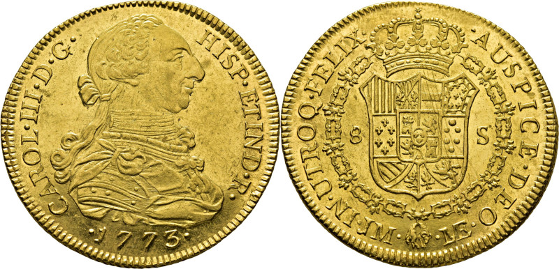 CARLOS III. Lima. 8 escudos. 1773. JM. Marca de ensayador a la izquierda del Toi...